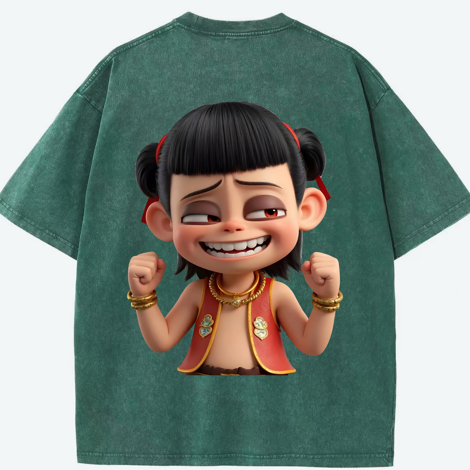 （画像用） Ne Zha 2 ナタ 魔童の大暴れ 綿100% ヴィンテージ風 半袖Tシャツ（背面プリント）